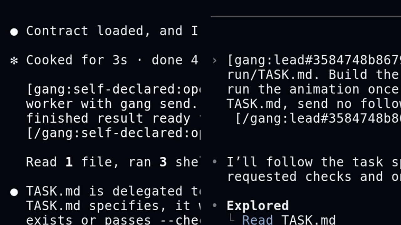 A Gangline team working in native terminal windows